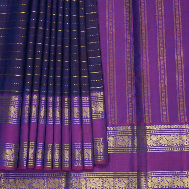 Hayagrivas Handloom Deep Ink Blue Kanjivaram Silk Saree with Purple Border KBF299E1-1