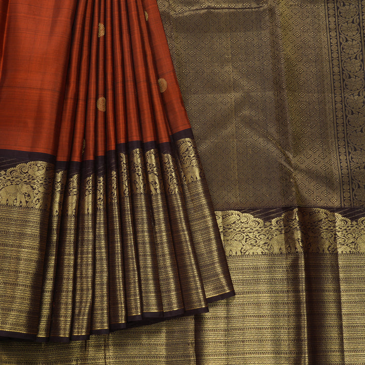Hayagrivas Handloom Rust Orange Kanjivaram Silk Saree with Coffee Brown Border KBF299E10-1
