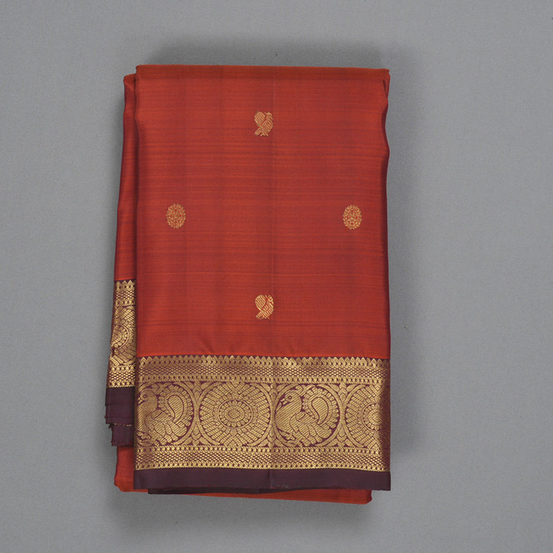 Hayagrivas Handloom Rust Orange Kanjivaram Silk Saree with Burgundy Border KBF299E7-1