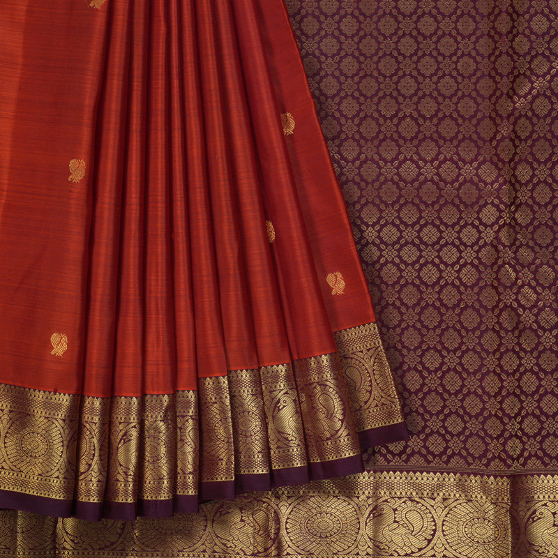 Hayagrivas Handloom Rust Orange Kanjivaram Silk Saree with Burgundy Border KBF299E7-1