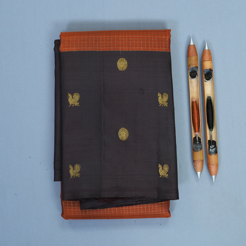 Hayagrivas Handloom Rust Orange Kanjivaram Silk Saree with Deep Snuff Border KBF299E9-1