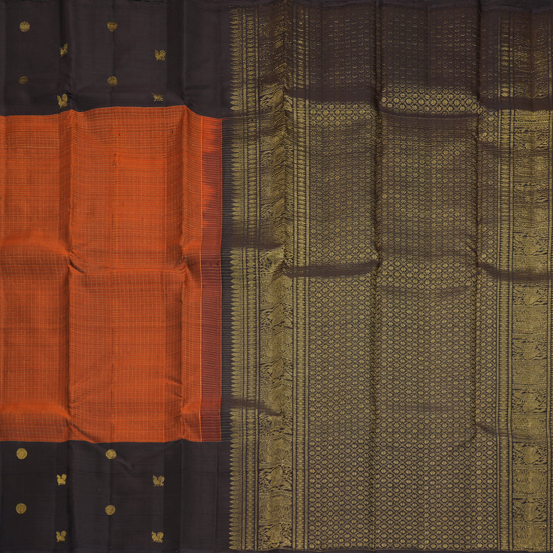 Hayagrivas Handloom Rust Orange Kanjivaram Silk Saree with Deep Snuff Border KBF299E9-1