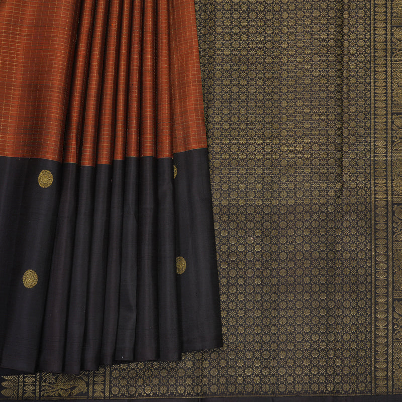 Hayagrivas Handloom Rust Orange Kanjivaram Silk Saree with Deep Snuff Border KBF299E9-1