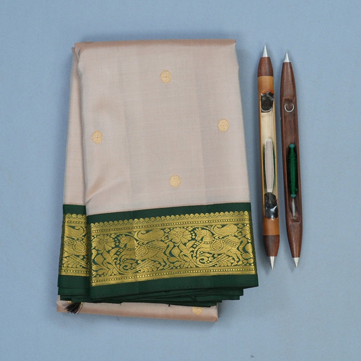 Hayagrivas Handloom Beige Kanjivaram Silk Saree with Bottle Green Border KBF2D2-3