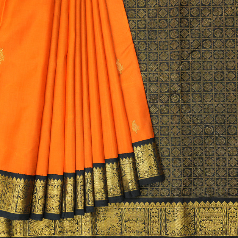 Hayagrivas Handloom Orange Kanjivaram Silk Saree with Black Border KBF302E3-3