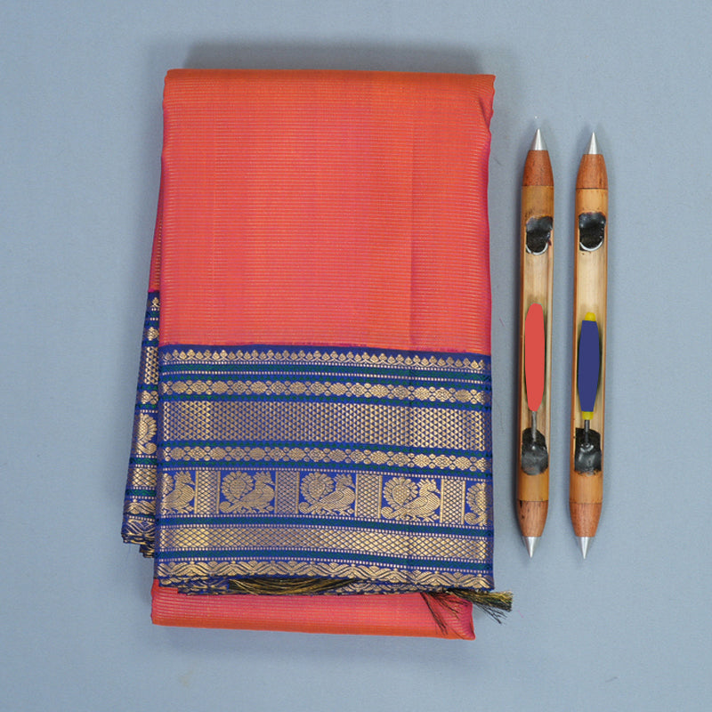 Hayagrivas Handloom Orangish-Pink Kanjivaram Silk Saree with Royal Blue Border KBF303E2-2