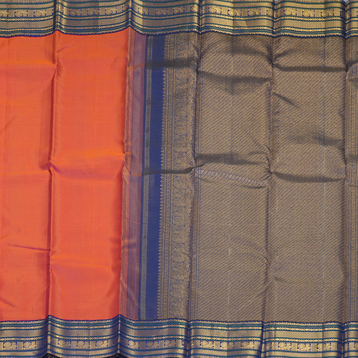 Hayagrivas Handloom Orangish-Pink Kanjivaram Silk Saree with Royal Blue Border KBF303E2-2