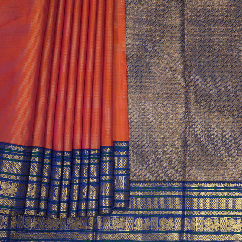 Hayagrivas Handloom Orangish-Pink Kanjivaram Silk Saree with Royal Blue Border KBF303E2-2