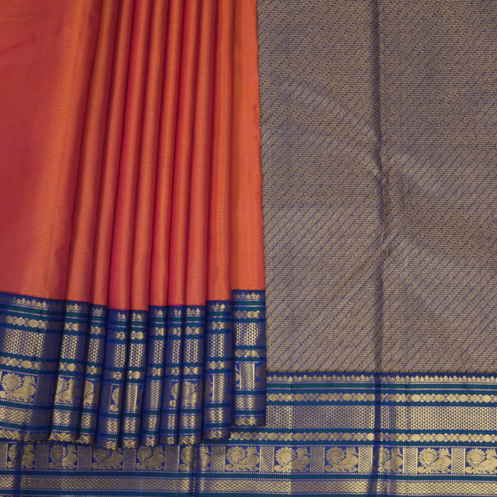 Hayagrivas Handloom Orangish-Pink Kanjivaram Silk Saree with Royal Blue Border KBF303E2-2