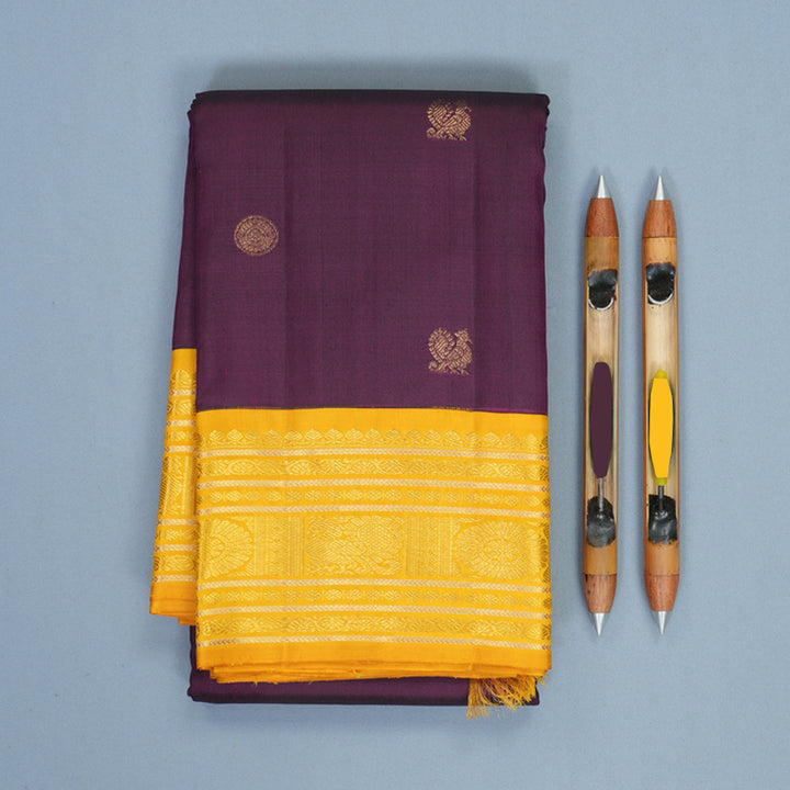 Hayagrivas Handloom Purple Kanjivaram Silk Saree with Mango Yellow Border KBF303E2-3