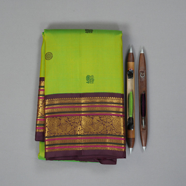 Hayagrivas Handloom Fluorescent Green Kanjivaram Silk Saree with Coffee Brown Border KBF303E2-5