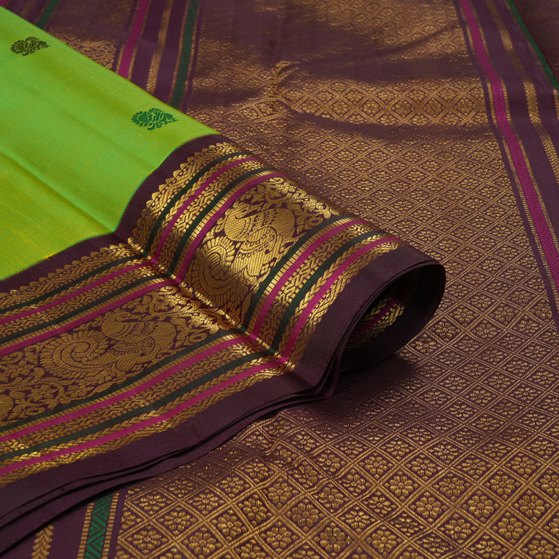 Hayagrivas Handloom Fluorescent Green Kanjivaram Silk Saree with Coffee Brown Border KBF303E2-5