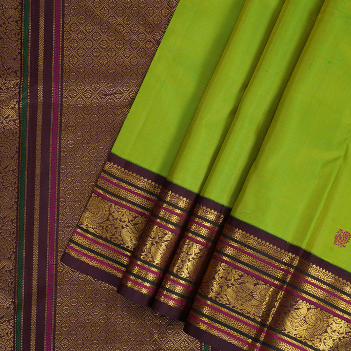 Hayagrivas Handloom Fluorescent Green Kanjivaram Silk Saree with Coffee Brown Border KBF303E2-5