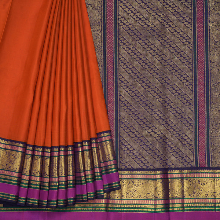 Hayagrivas Handloom Fanta Orange Kanjivaram Silk Saree with Violet Border KBF303E3-1