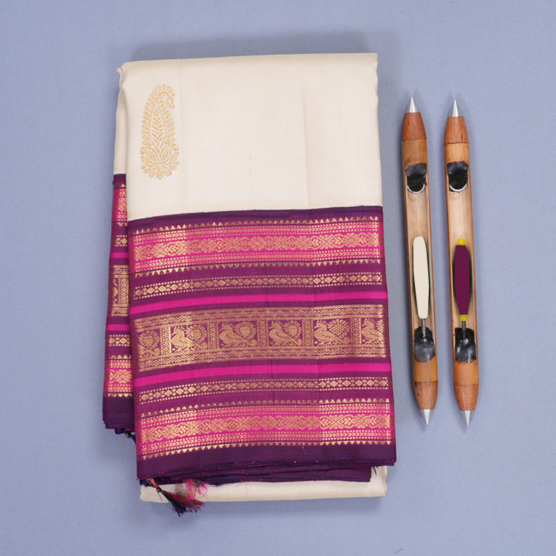 Hayagrivas Handloom Half-White Kanjivaram Silk Saree with Purple Border KBF303E3-2