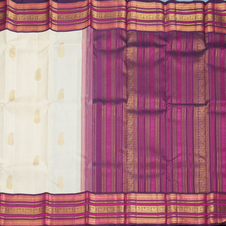 Hayagrivas Handloom Half-White Kanjivaram Silk Saree with Purple Border KBF303E3-2