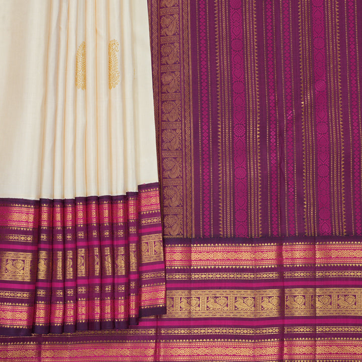 Hayagrivas Handloom Half-White Kanjivaram Silk Saree with Purple Border KBF303E3-2