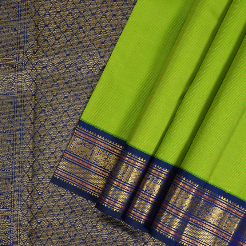 Hayagrivas Handloom Fluorescent Green Kanjivaram Silk Saree with Ink Blue Border KBF303E4-2