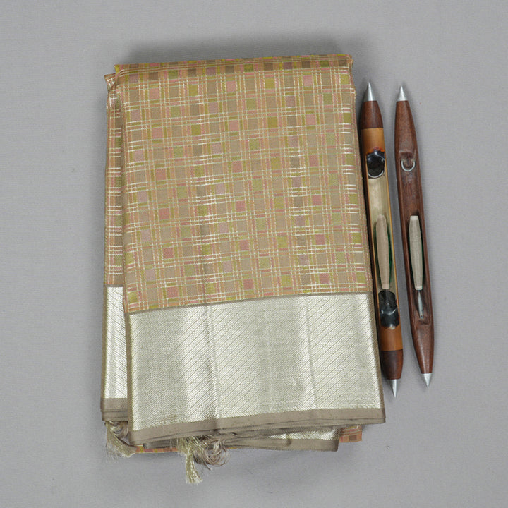Hayagrivas Handloom Light Brown Kanjivaram Silk Saree with Silver Grey Border KBF305E2-4