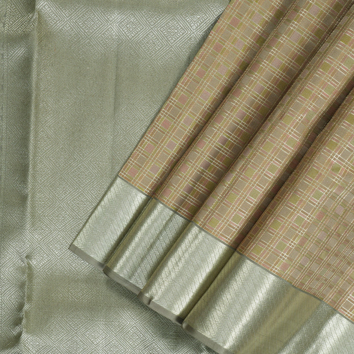 Hayagrivas Handloom Light Brown Kanjivaram Silk Saree with Silver Grey Border KBF305E2-4
