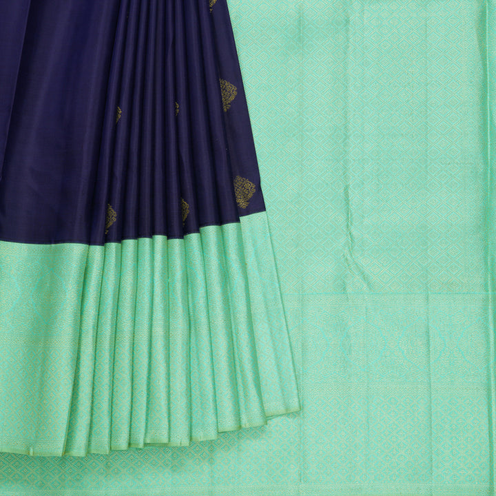 Hayagrivas Handloom Navy Blue Kanjivaram Silk Saree with Sea Green Border KBF306E8-1