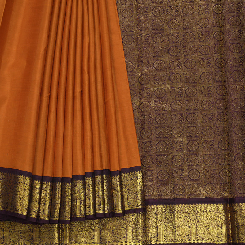 Hayagrivas Handloom Rust Orange Kanjivaram Silk Saree with Burgundy Border KBF307E15-1