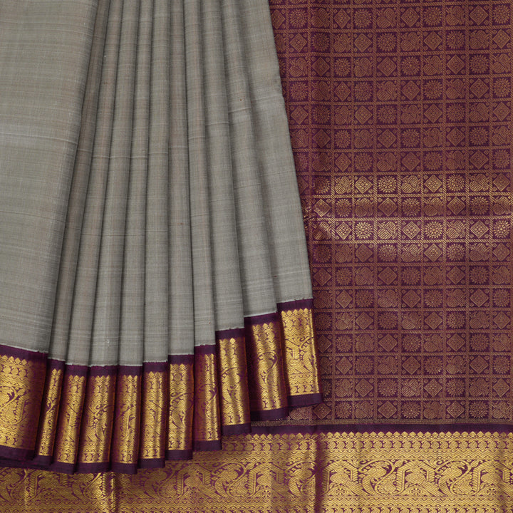 Hayagrivas Handloom Royal Grey Kanjivaram Silk Saree with Violet Border KBF307E15-2
