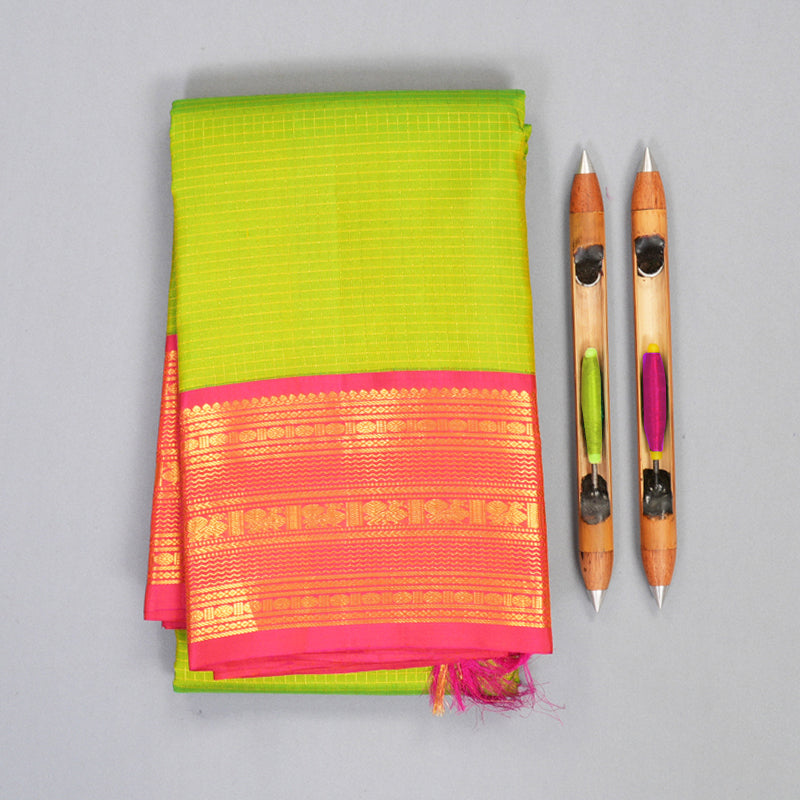 Hayagrivas Handloom Fluorescent Green Kanjivaram Silk Saree with Pink Border KBF309E7-1