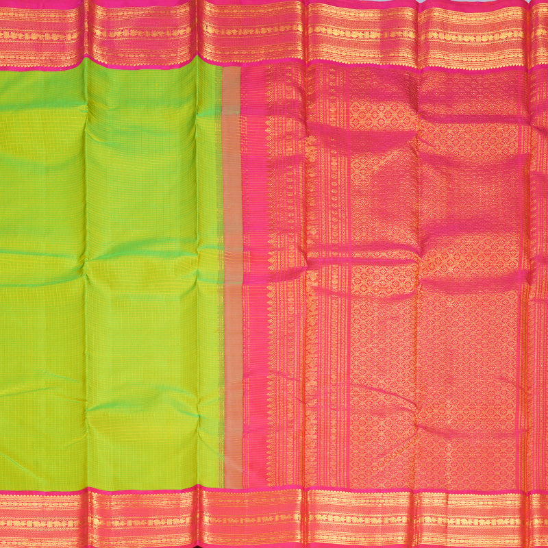Hayagrivas Handloom Fluorescent Green Kanjivaram Silk Saree with Pink Border KBF309E7-1