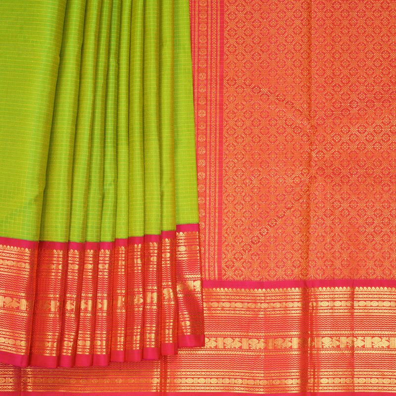Hayagrivas Handloom Fluorescent Green Kanjivaram Silk Saree with Pink Border KBF309E7-1