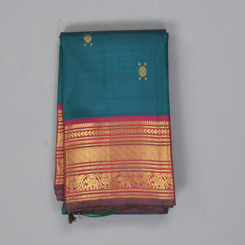 Hayagrivas Handloom Peacock Green Kanjivaram Silk Saree with Maroon Border KBF310E1-1