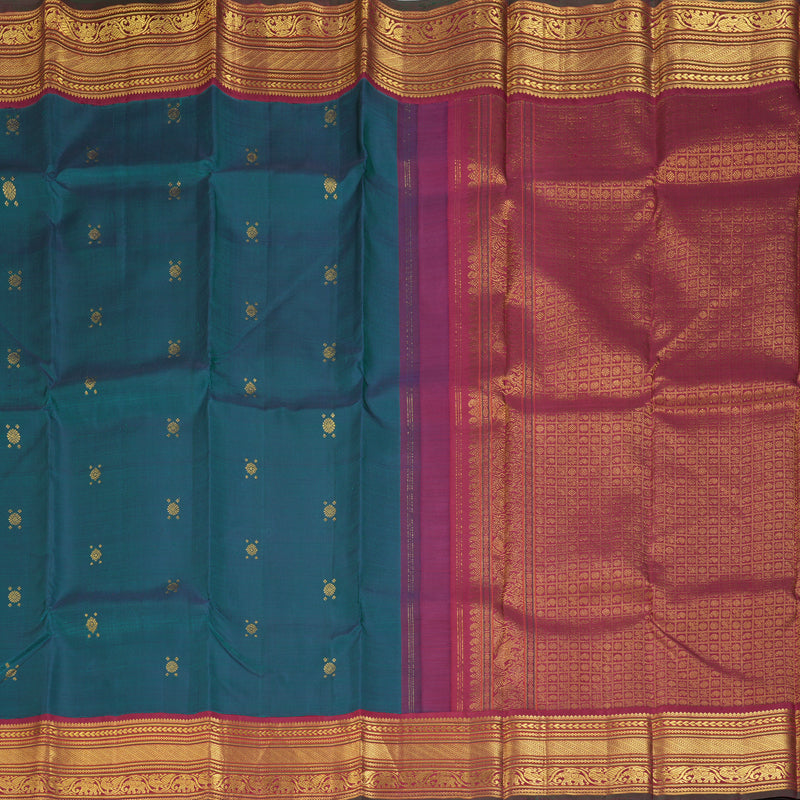 Hayagrivas Handloom Peacock Green Kanjivaram Silk Saree with Maroon Border KBF310E1-1