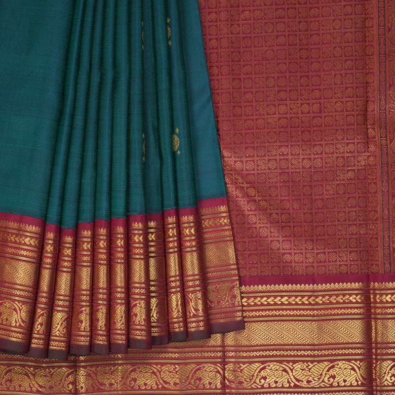 Hayagrivas Handloom Peacock Green Kanjivaram Silk Saree with Maroon Border KBF310E1-1