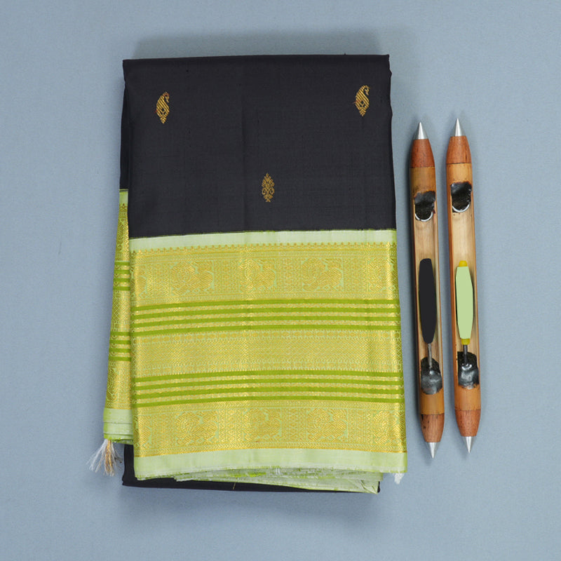 Hayagrivas Handloom Black Kanjivaram Silk Saree with Pista Green Border KBF310E12-1
