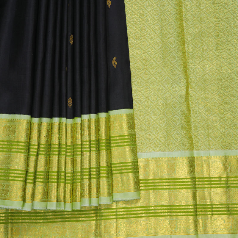 Hayagrivas Handloom Black Kanjivaram Silk Saree with Pista Green Border KBF310E12-1