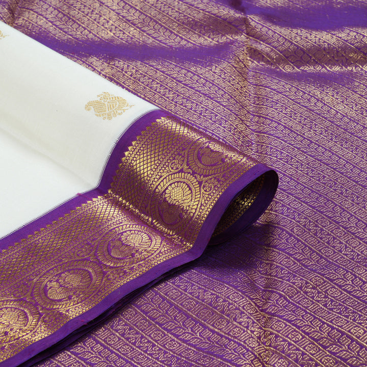 Hayagrivas Handloom Milk-White Kanjivaram Silk Saree with Purple Border KBF310E13-1