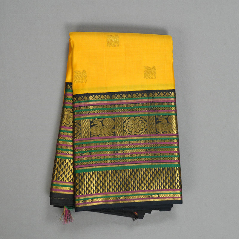Hayagrivas Handloom Yellow Kanjivaram Silk Saree with Black Border KBF310E14-1