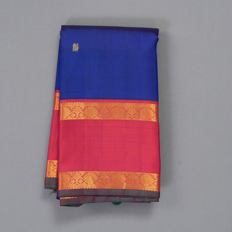 Hayagrivas Handloom Royal Blue Kanjivaram Silk Saree with Reddish-Pink Border KBF310E15-1