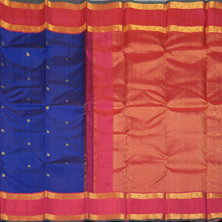 Hayagrivas Handloom Royal Blue Kanjivaram Silk Saree with Reddish-Pink Border KBF310E15-1