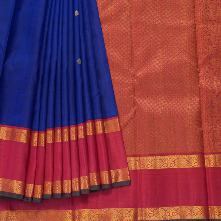 Hayagrivas Handloom Royal Blue Kanjivaram Silk Saree with Reddish-Pink Border KBF310E15-1