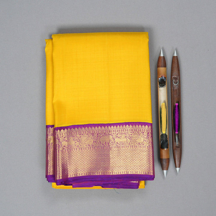 Hayagrivas Handloom Yellow Kanjivaram Silk Saree with Purple Border KBF312E1-1
