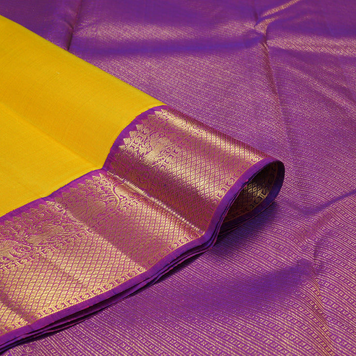 Hayagrivas Handloom Yellow Kanjivaram Silk Saree with Purple Border KBF312E1-1
