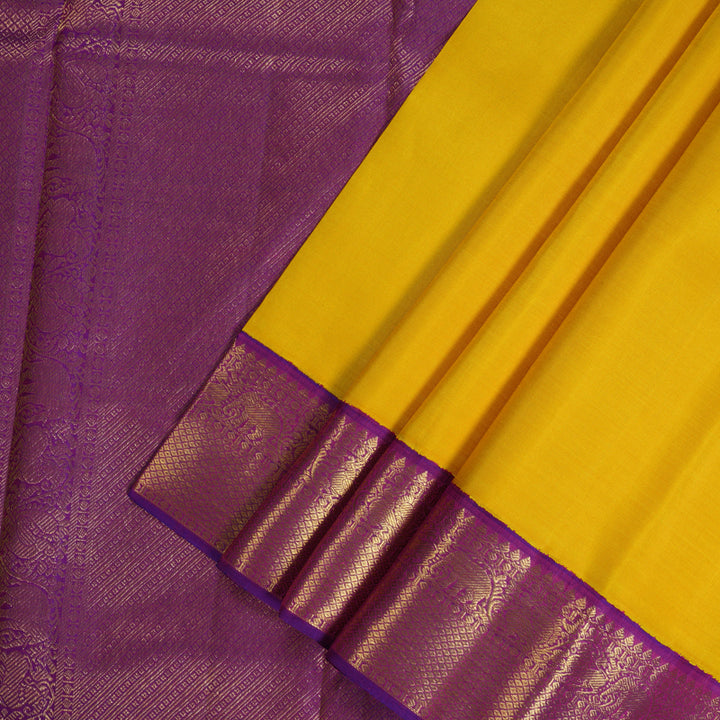 Hayagrivas Handloom Yellow Kanjivaram Silk Saree with Purple Border KBF312E1-1