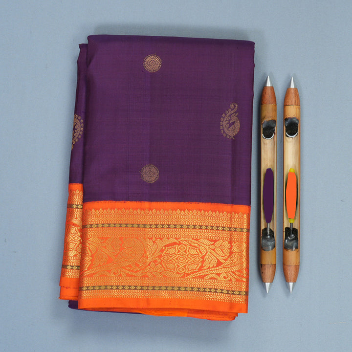 Hayagrivas Handloom Purple Kanjivaram Silk Saree with Orange Border KBF312E9-1