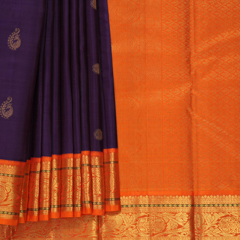 Hayagrivas Handloom Purple Kanjivaram Silk Saree with Orange Border KBF312E9-1