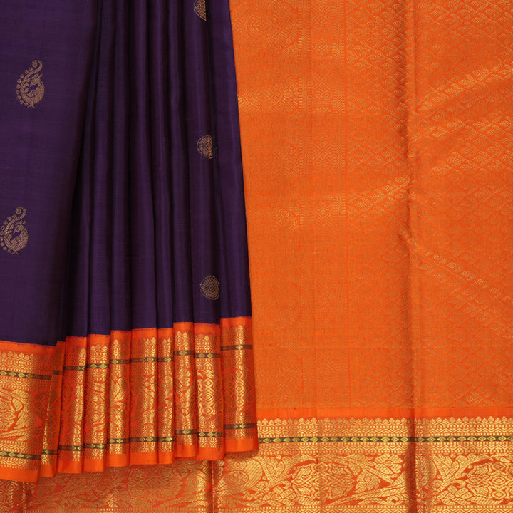 Hayagrivas Handloom Purple Kanjivaram Silk Saree with Orange Border KBF312E9-1