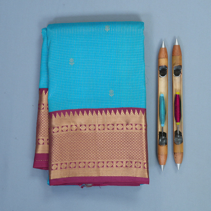 Hayagrivas Handloom Sky Blue Kanjivaram Silk Saree with Burgundy Border KBF316E11-2
