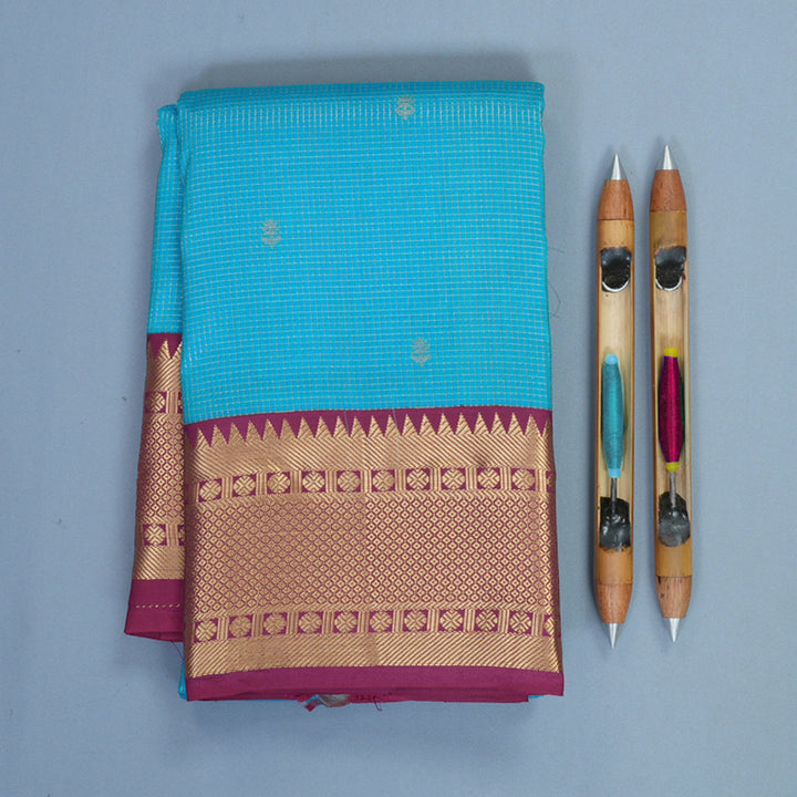 Hayagrivas Handloom Sky Blue Kanjivaram Silk Saree with Burgundy Border KBF316E11-2