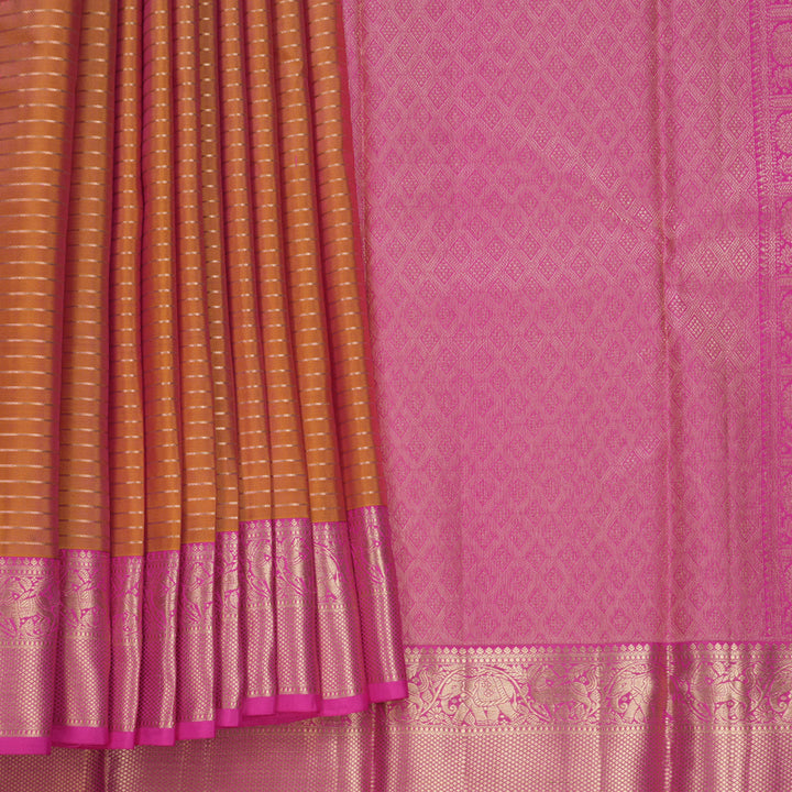 Hayagrivas Handloom Sunset Orange Kanjivaram Silk Saree with Rani Pink Border KBF316E8-2