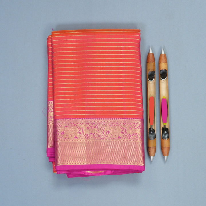 Hayagrivas Handloom Orangish-Pink Kanjivaram Silk Saree with Rani Pink Border KBF316E8-6